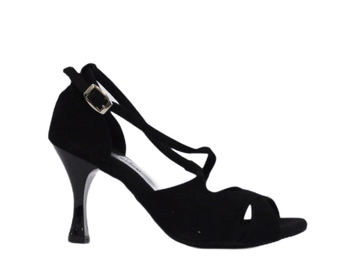 Dancing Queens 736/486 Tanzschuhe: Schwarze Sandale aus Wildleder mit hohem Absatz und offener Spitze, Knöchelriemen und Schnalle.